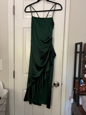 Elegant Green Satin Ruffle Slip Dress